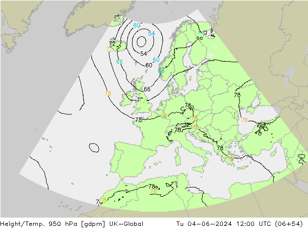 Geop./Temp. 950 hPa UK-Global mar 04.06.2024 12 UTC