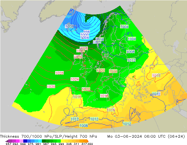 Espesor 700-1000 hPa UK-Global lun 03.06.2024 06 UTC