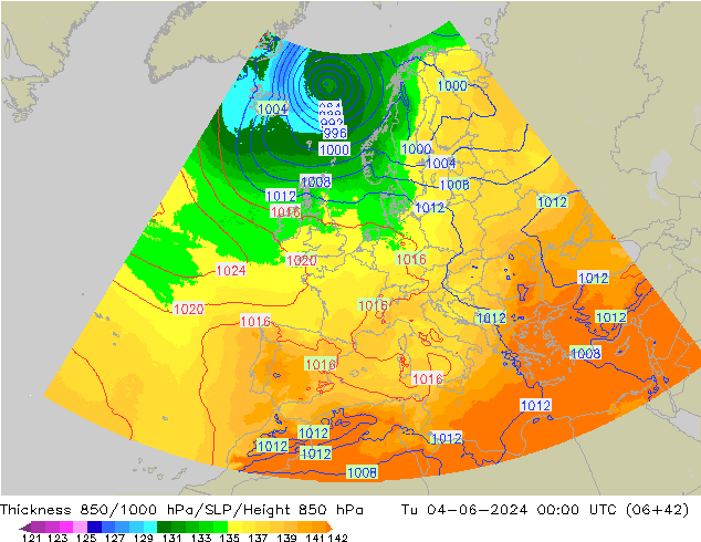 Thck 850-1000 гПа UK-Global вт 04.06.2024 00 UTC