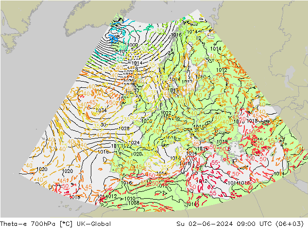 Theta-e 700hPa UK-Global dim 02.06.2024 09 UTC