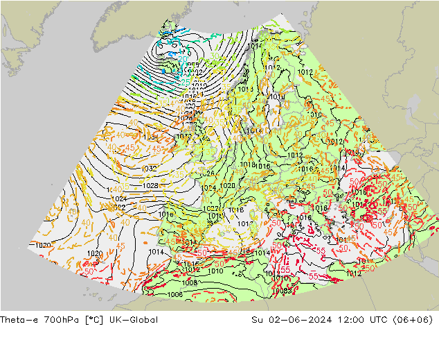 Theta-e 700hPa UK-Global Ne 02.06.2024 12 UTC