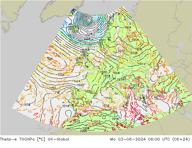 Theta-e 700hPa UK-Global 星期一 03.06.2024 06 UTC
