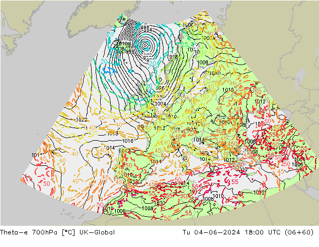 Theta-e 700hPa UK-Global Di 04.06.2024 18 UTC