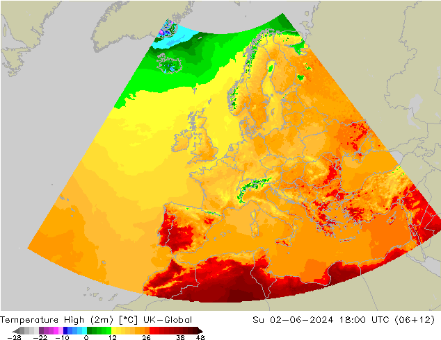 Temperature High (2m) UK-Global Su 02.06.2024 18 UTC