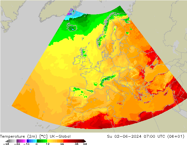 Temperature (2m) UK-Global Su 02.06.2024 07 UTC