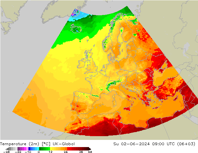 Temperature (2m) UK-Global Su 02.06.2024 09 UTC