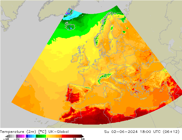 Temperatuurkaart (2m) UK-Global zo 02.06.2024 18 UTC