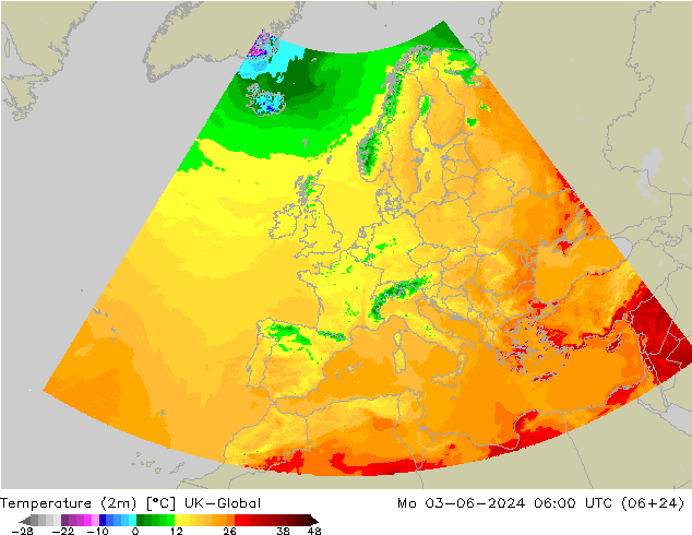 Temperature (2m) UK-Global Mo 03.06.2024 06 UTC