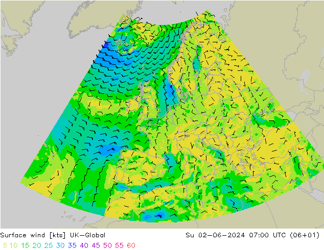 Wind 10 m UK-Global zo 02.06.2024 07 UTC