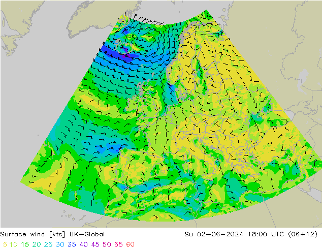Wind 10 m UK-Global zo 02.06.2024 18 UTC