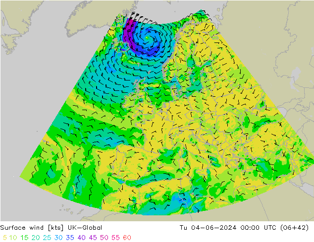 Surface wind UK-Global Tu 04.06.2024 00 UTC