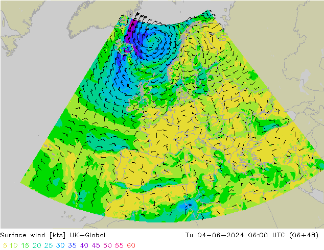 Surface wind UK-Global Út 04.06.2024 06 UTC