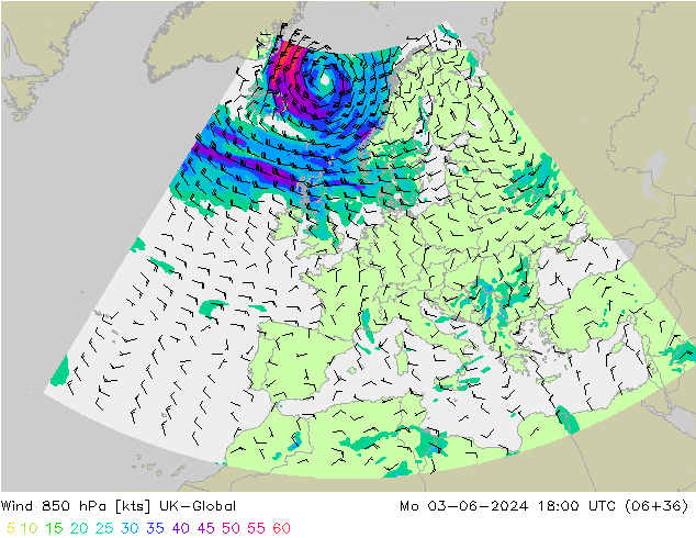 Wind 850 hPa UK-Global Mo 03.06.2024 18 UTC
