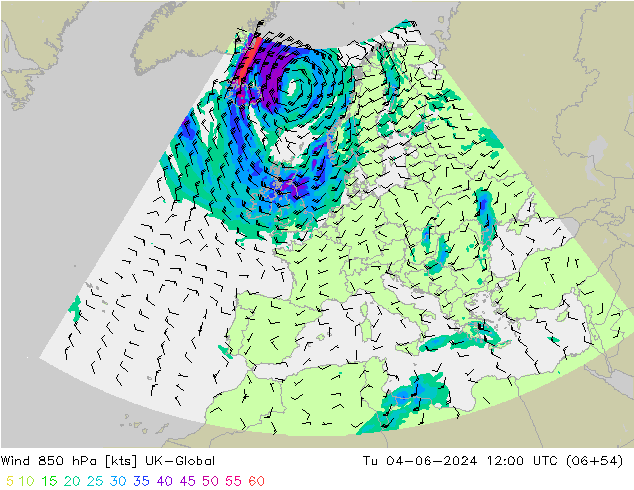 Wind 850 hPa UK-Global Tu 04.06.2024 12 UTC
