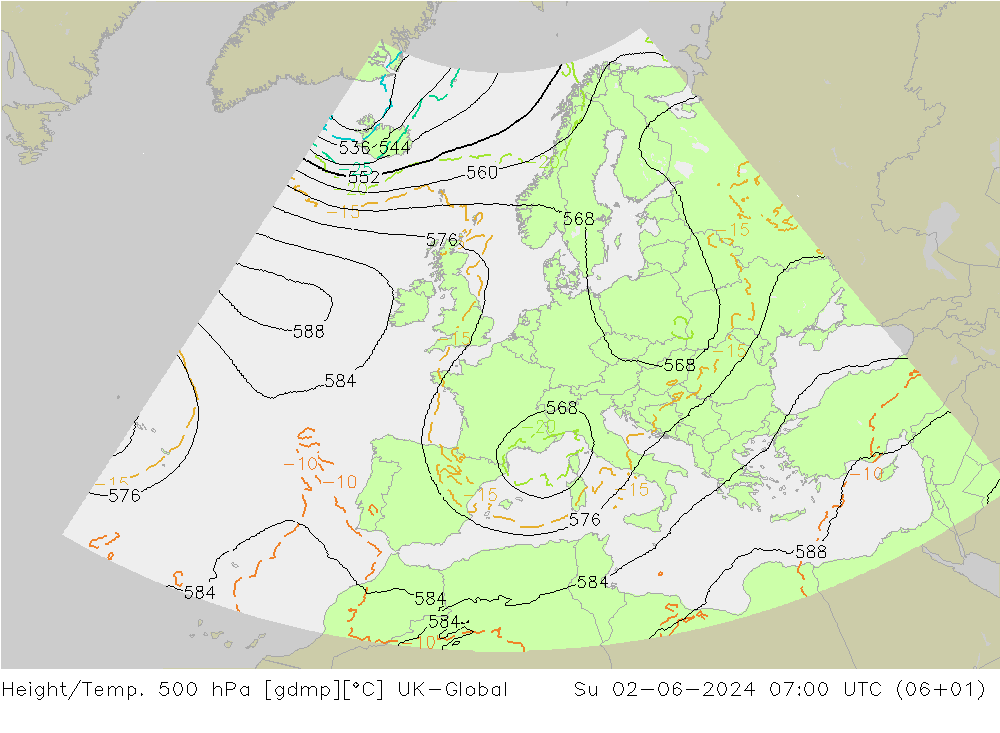 Height/Temp. 500 hPa UK-Global 星期日 02.06.2024 07 UTC