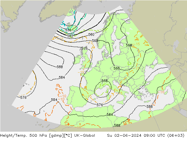 Height/Temp. 500 hPa UK-Global dom 02.06.2024 09 UTC