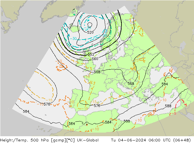 Height/Temp. 500 гПа UK-Global вт 04.06.2024 06 UTC