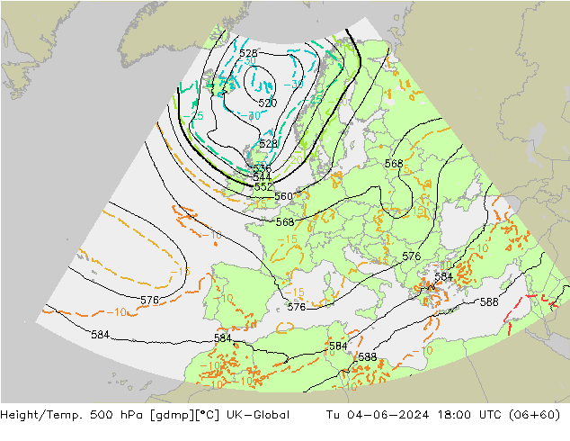 Height/Temp. 500 hPa UK-Global Tu 04.06.2024 18 UTC