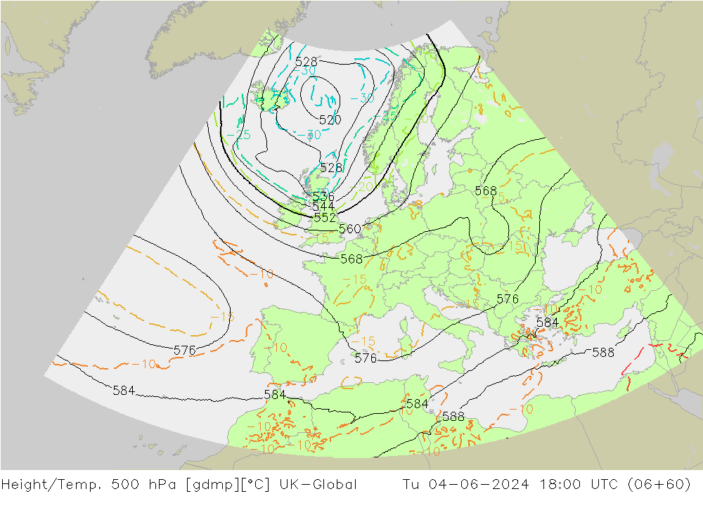 Height/Temp. 500 hPa UK-Global Di 04.06.2024 18 UTC