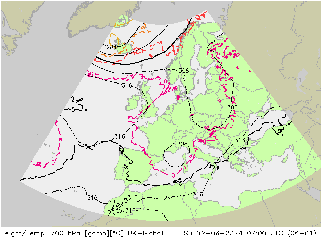 Height/Temp. 700 hPa UK-Global 星期日 02.06.2024 07 UTC