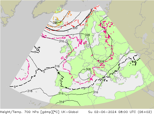 Height/Temp. 700 hPa UK-Global So 02.06.2024 08 UTC