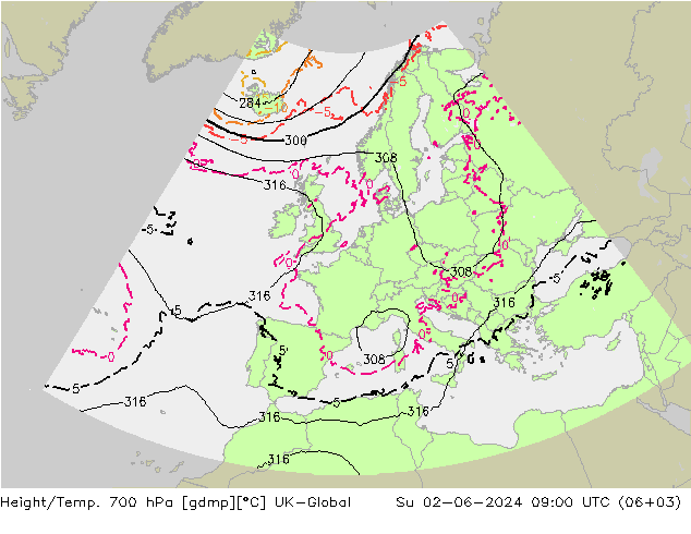 Height/Temp. 700 hPa UK-Global Su 02.06.2024 09 UTC