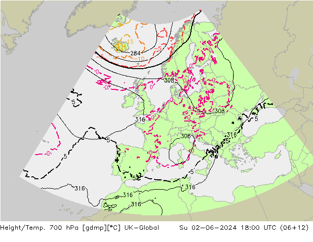 Height/Temp. 700 hPa UK-Global So 02.06.2024 18 UTC