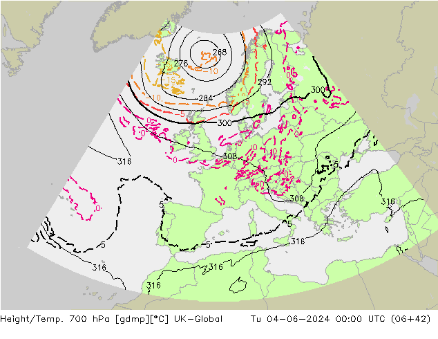 Height/Temp. 700 гПа UK-Global вт 04.06.2024 00 UTC