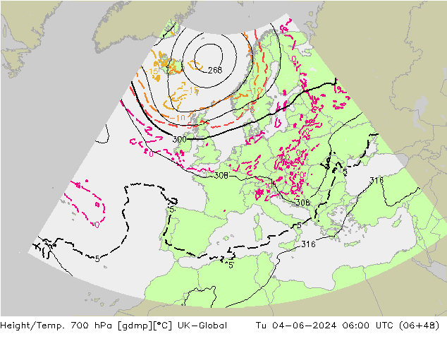 Height/Temp. 700 hPa UK-Global Di 04.06.2024 06 UTC