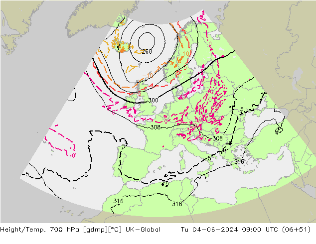 Height/Temp. 700 hPa UK-Global Tu 04.06.2024 09 UTC