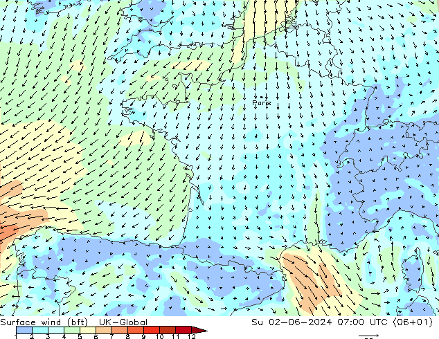 wiatr 10 m (bft) UK-Global nie. 02.06.2024 07 UTC
