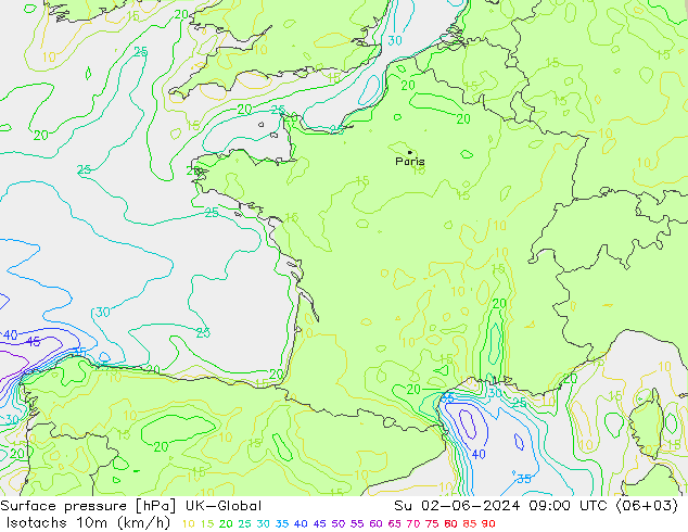 Isotachs (kph) UK-Global  02.06.2024 09 UTC