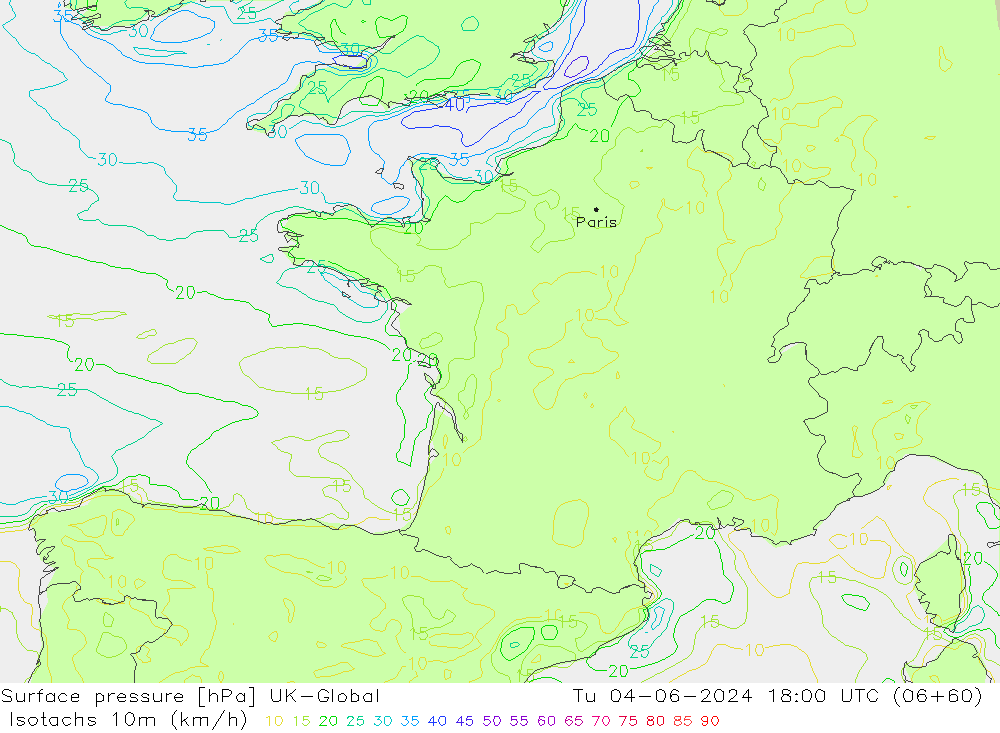 Isotachen (km/h) UK-Global Di 04.06.2024 18 UTC