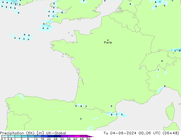Precipitation (6h) UK-Global Tu 04.06.2024 06 UTC