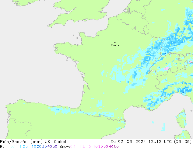 Rain/Snowfall UK-Global Paz 02.06.2024 12 UTC