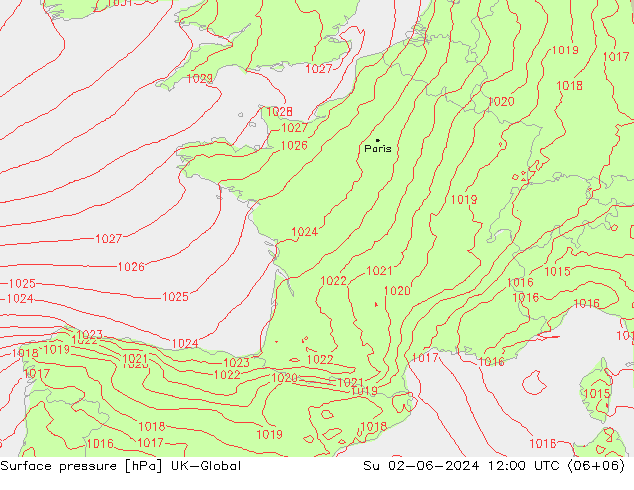 Surface pressure UK-Global Su 02.06.2024 12 UTC