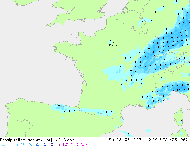 Precipitation accum. UK-Global nie. 02.06.2024 12 UTC