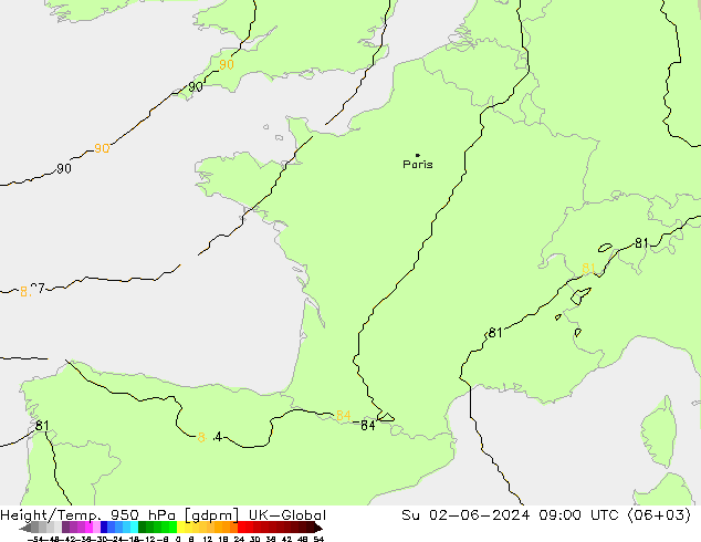 Height/Temp. 950 hPa UK-Global  02.06.2024 09 UTC