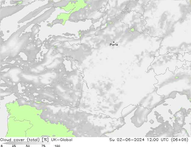 Cloud cover (total) UK-Global Su 02.06.2024 12 UTC