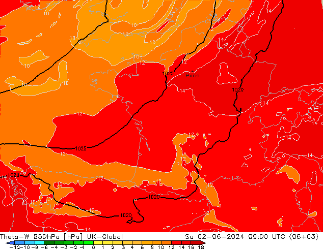 Theta-W 850hPa UK-Global Su 02.06.2024 09 UTC
