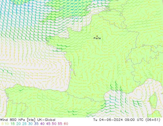 ветер 850 гПа UK-Global вт 04.06.2024 09 UTC