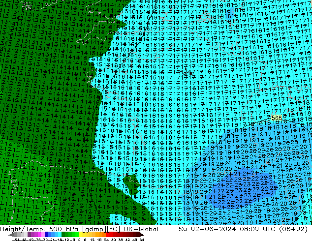 Hoogte/Temp. 500 hPa UK-Global zo 02.06.2024 08 UTC