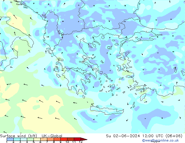 Wind 10 m (bft) UK-Global zo 02.06.2024 12 UTC