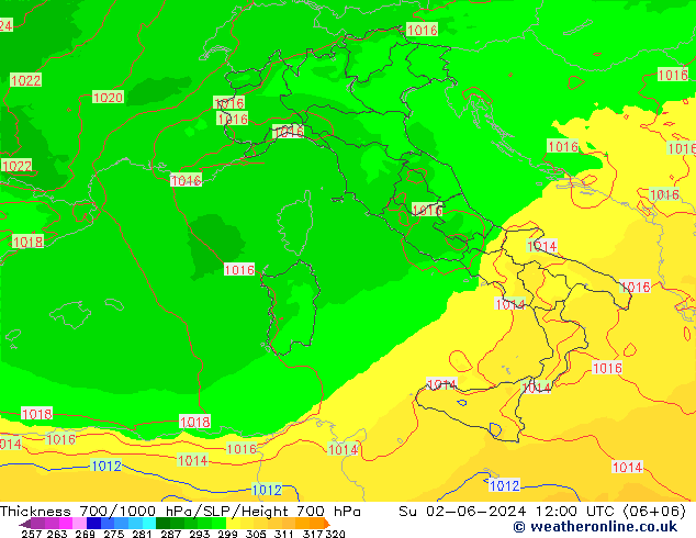 Thck 700-1000 гПа UK-Global Вс 02.06.2024 12 UTC