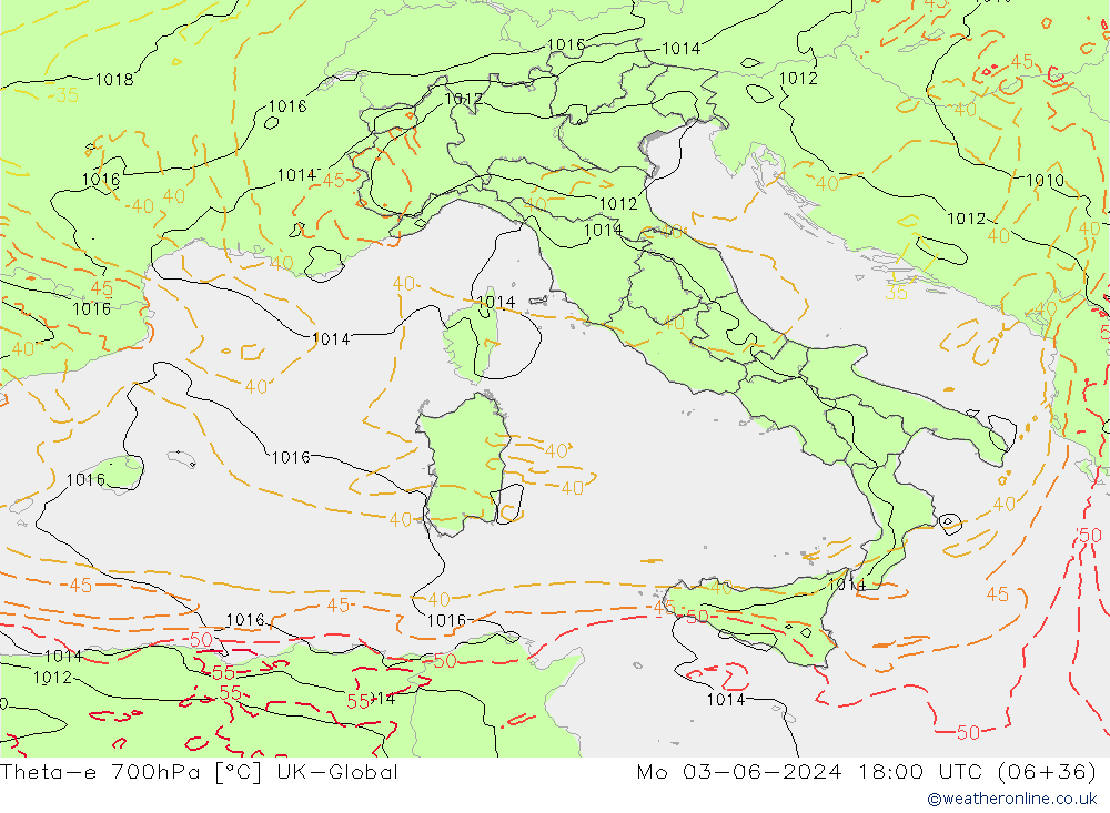 Theta-e 700гПа UK-Global пн 03.06.2024 18 UTC