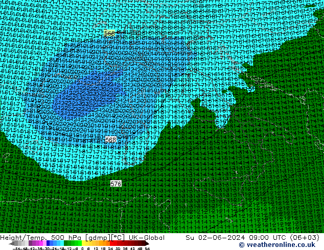 Height/Temp. 500 hPa UK-Global Su 02.06.2024 09 UTC