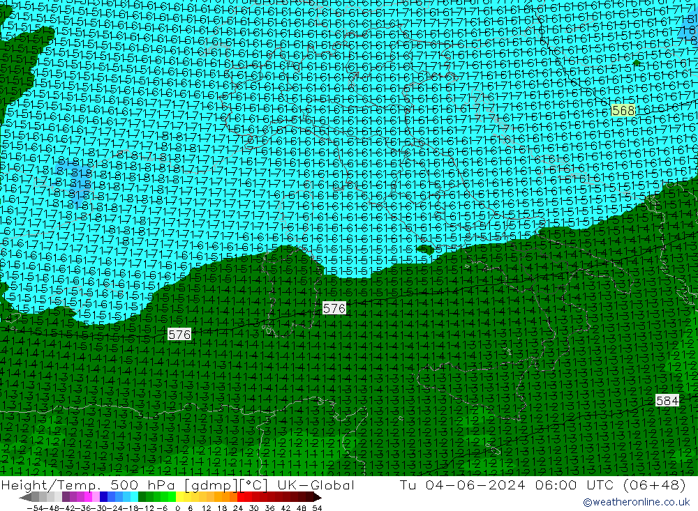 Hoogte/Temp. 500 hPa UK-Global di 04.06.2024 06 UTC