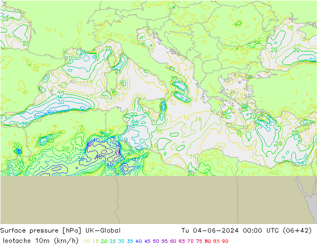 Isotachs (kph) UK-Global Tu 04.06.2024 00 UTC