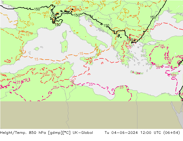 Height/Temp. 850 hPa UK-Global Tu 04.06.2024 12 UTC