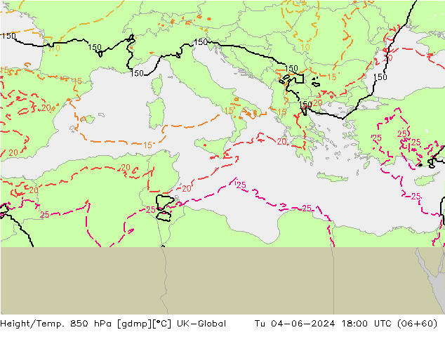 Height/Temp. 850 hPa UK-Global Tu 04.06.2024 18 UTC